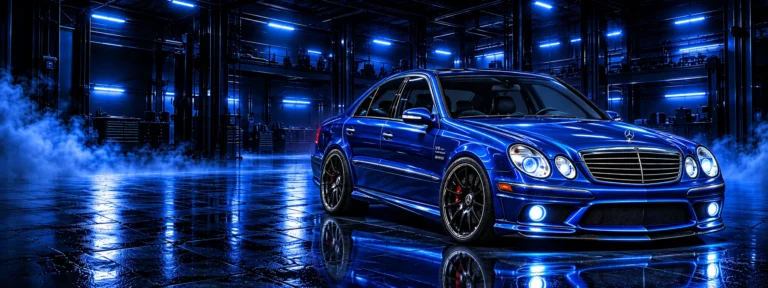 Blue Mercedes E55 AMG parked in a blue-lit garage