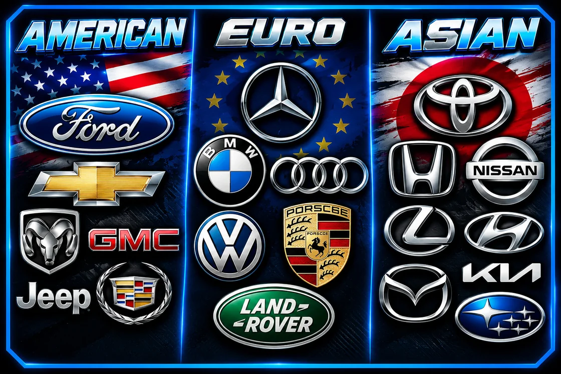 American, Euro and Asian vehicle brands: Ford, Chevrolet, Ram, GMC, Jeep, Cadillac, Mercedes-Benz, BMW, Audi, Volkswagen, Porsche, Land Rover, Toyota, Honda, Nissan, Lexus, Hyundai, Kia, Mazda and Subaru